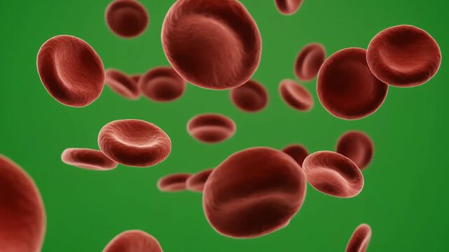 Close-up 3D render of red blood cells floating in a vibrant green background, showcasing their biconcave disc shape