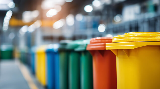 Color-coded garbage bins for recycling in a modern dump facility promoting waste segregation and environmental awareness through efficient systems. Defocused facility background.