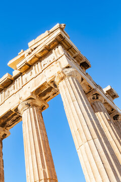 The Parthenon. A close-up of the Doric columns. Acropolis, Athens, Greece, Europe 