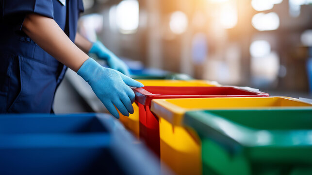 Faceless worker in safety gloves sorting recyclable waste into colored bins in an indoor warehouse with natural sunlight for an environmental sustainability concept. Defocused