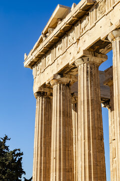 The Parthenon. A close-up of the Doric columns. Acropolis, Athens, Greece, Europe 
