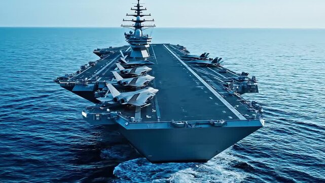 A formidable modern aircraft carrier, carrying advanced fighter jets, powerfully cuts through the open ocean, symbolizing naval strength and technological prowess