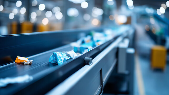 Waste sorting facility separating various types of refuse for recycling with conveyors carrying debris in a clean industrial environment. Defocused industrial background. Waste
