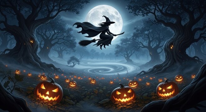A dark, spooky illustration depicts a witch flying on a broomstick over a moonlit forest. The witch is silhouetted against the full moon, and a swirling path