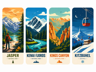 Vintage National Park Travel Posters: Jasper, Kenai Fjords, Kings Canyon, Kitzbuhel - Scenic Mountain Landscapes Vector Illustration © mutiara