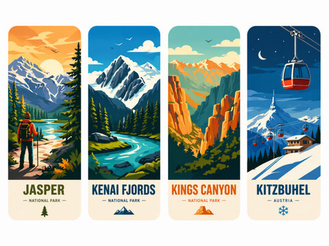 Vintage National Park Travel Posters: Jasper, Kenai Fjords, Kings Canyon, Kitzbuhel - Scenic Mountain Landscapes Vector Illustration