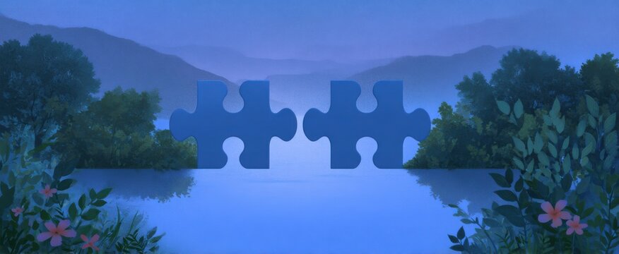 serene puzzle pieces fit together like clouds in a peaceful sky for stress relief