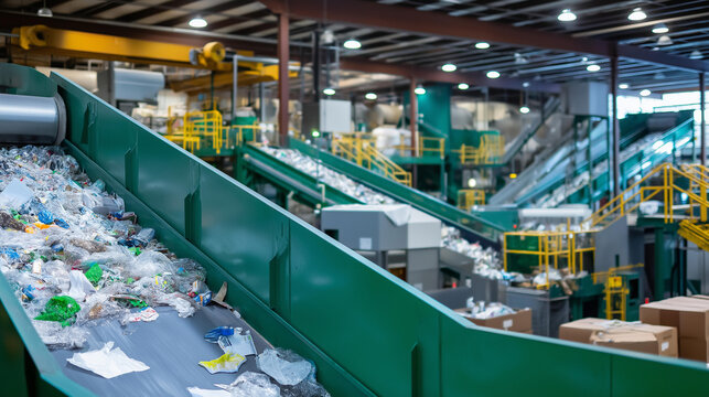 Large-scale industrial recycling robotics facility with parallel conveyor sorting systems and automated waste processing lines. Industrial recycling robots, conveyor sorting,