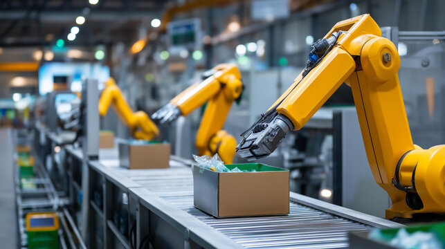 Large-scale industrial recycling robotics facility with parallel conveyor sorting systems and automated waste processing lines. Industrial recycling robots, conveyor sorting,