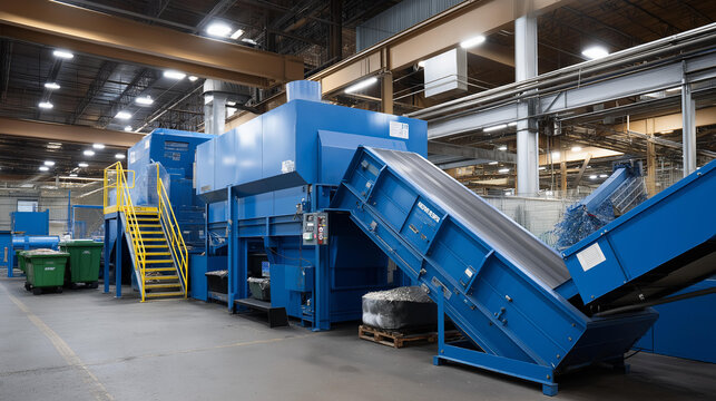 Large-scale industrial recycling robotics facility with parallel conveyor sorting systems and automated waste processing lines. Industrial recycling robots, conveyor sorting,