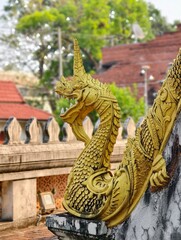 Fototapeta premium Golden Serpent: A meticulously crafted golden serpent sculpture adorns an ornate temple roof, reflecting the intricate details and vibrant artistry of the sacred architecture.