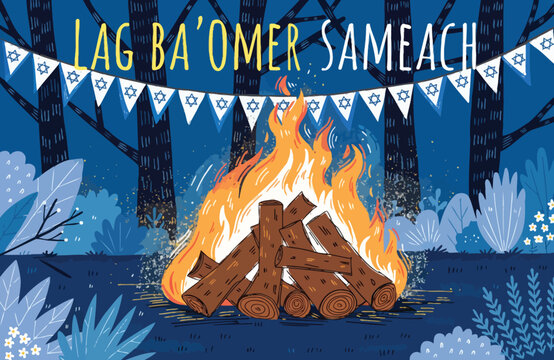 Lag BaOmer Bonfire Celebration In Forest With Israeli Flags And Star Of David Bunting