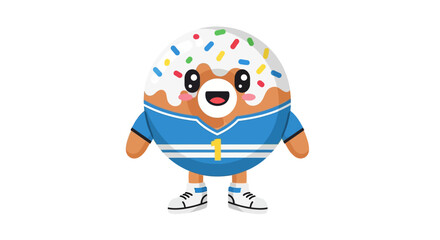 Fototapeta premium Cute cartoon donut character in a blue sports uniform, smiling, white background.