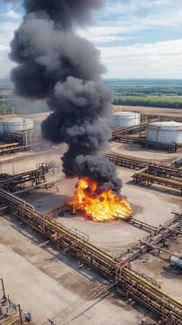 Massive column of black smoke and intense fire erupting at an industrial chemical refinery facility, showing an emergency industrial disaster scene