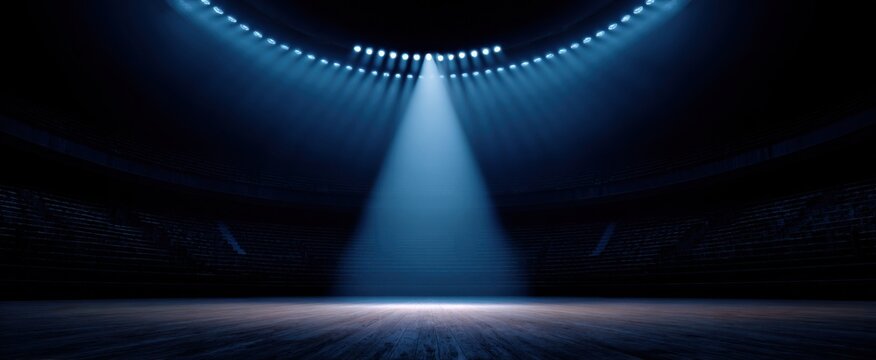 The empty arena stage feels hauntingly silent beneath the intense spotlight above