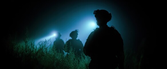Obraz premium The military unit executing a nighttime low-light combat simulation exercise.
