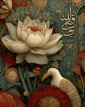 Floral arabesque pattern in muted sand and copper tones with elegant Naskh script for refined poster.