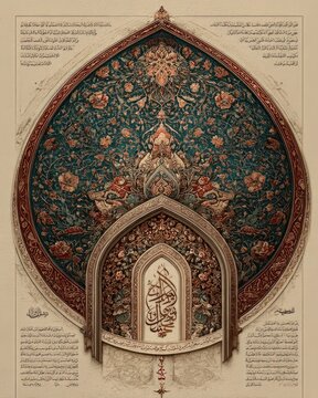Floral arabesque pattern in muted sand and copper tones with elegant Naskh script for refined poster.