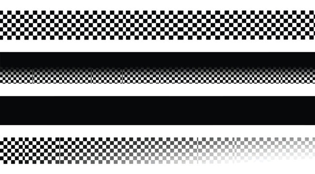 Set of checkered flag patterns, racing finish line borders, black and white square grid ribbons, vector design elements