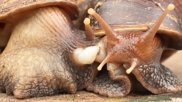 Macro close-up capturing the moment two snails begin to separate after finishing their mating process.