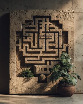 Marble panel poster with engraved Kufic script and geometric symmetry for architectural wall art.