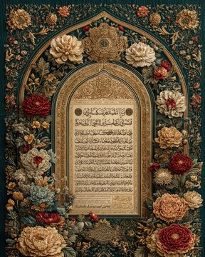 Traditional illuminated manuscript poster with parchment background and Naskh script for cultural decor.