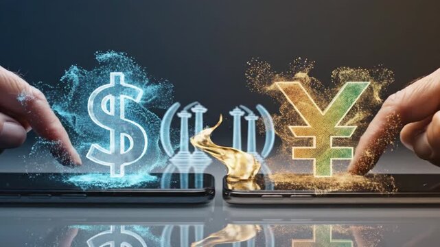CBDC cross border settlement interoperability: Holographic dollar and yuan digital asset bridge on smartphones, copy space