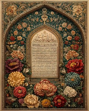 Traditional illuminated manuscript poster with parchment background and Naskh script for cultural decor.