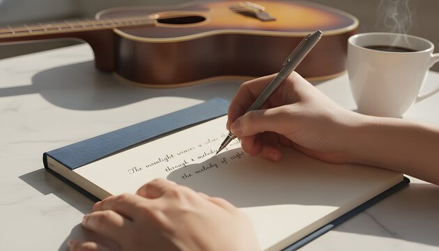 Woman writing lyrics in notebook with a guitar and coffee on table, creative musical composition and songwriting concept for female artist in bright sunny home studio setting