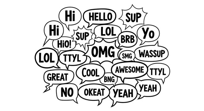 Collage of comic speech bubbles with internet slang and greetings speech bubble pop art white background dialog box sound bubble communication dialogue conversation expression collection