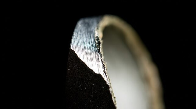 Industrial macro showing before-after contrast of electroplating. Junction of raw casting and mirror coating under dramatic dark lighting