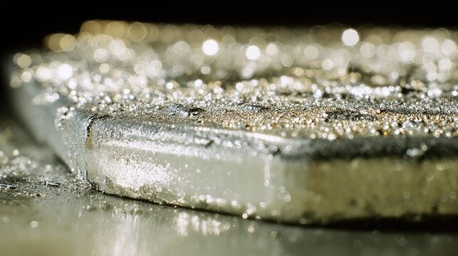 Extreme close-up of a metal component with raw and mirror-silver electroplated halves. Studio lighting on dark background