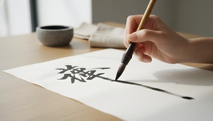 Naklejka premium Female hand using a traditional brush for calligraphy art, woman practicing kanji on paper in a bright studio for a cultural heritage concept and artistic lifestyle