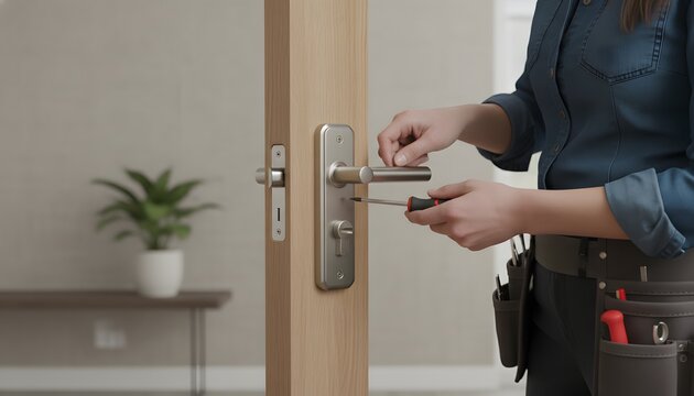 Professional female worker fixing door lock with a screwdriver in a modern apartment, skilled locksmith providing home security service for maintenance concept
