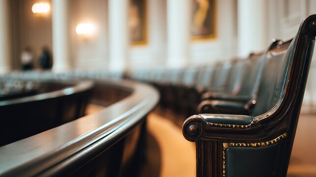Beneath a dome, concentric dark wood seating bathed in soft light inside an empty hall, deep depth for quiet majestic beauty