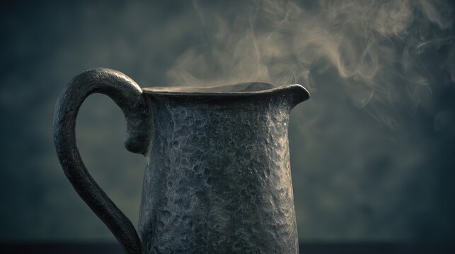 Detail of old pewter flagon with distinct hammer marks, spout vapor drifting across dark slate, soft light enhancing depth