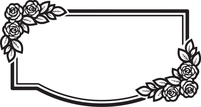 Floral border frame, black and white, rose corner, decorative outline, vector illustration