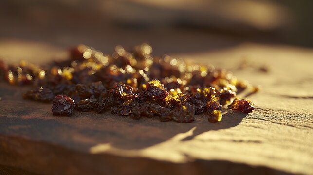 Dried crushed grape marc on stone slabs casting golden light. Shallow depth emphasizes irregular organic forms against hard stone
