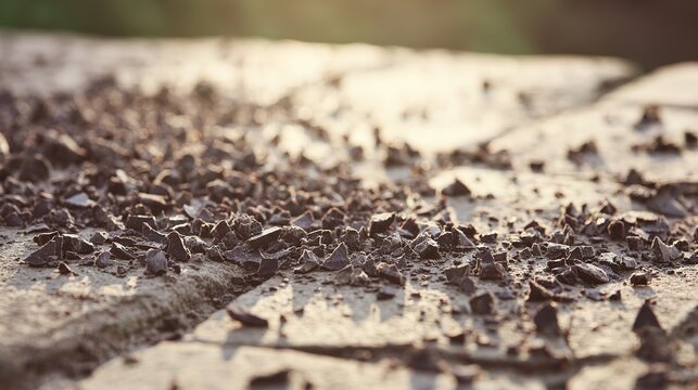 Dried crushed grape marc on stone slabs casting golden light. Shallow depth emphasizes irregular organic forms against hard stone
