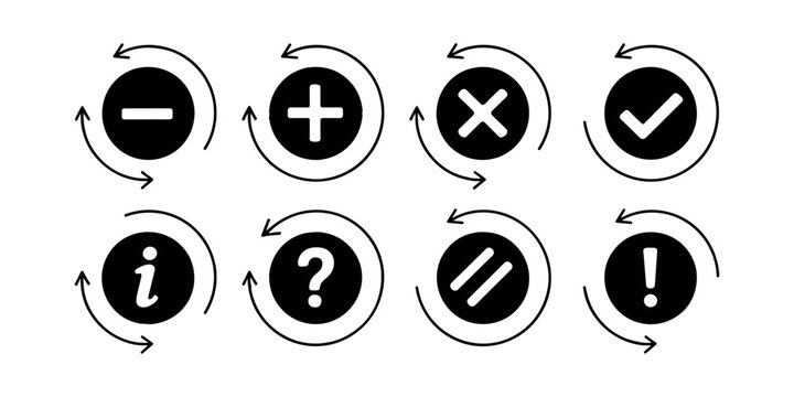 Collection of eight black circular with white symbols and rotating arrow outlines circular black and white