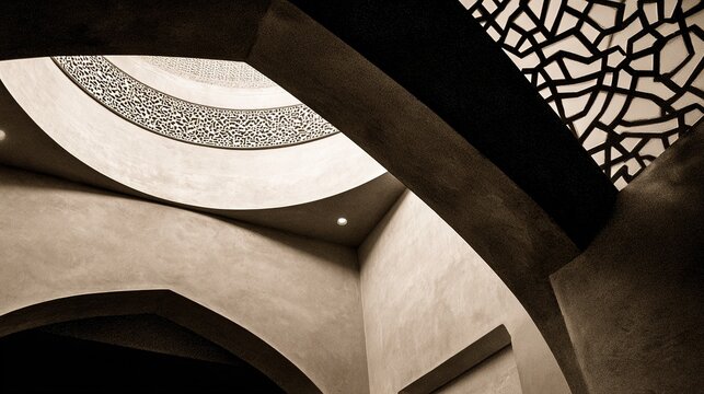 Islamic architectural interior with geometric squinch transition under a dome. Soft ambient light and shallow depth enhance minimal composition