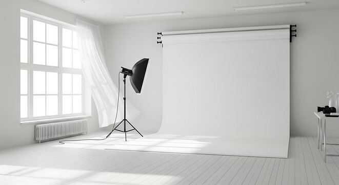 bright photography studio with white backdrop and lighting equipment high quality professional