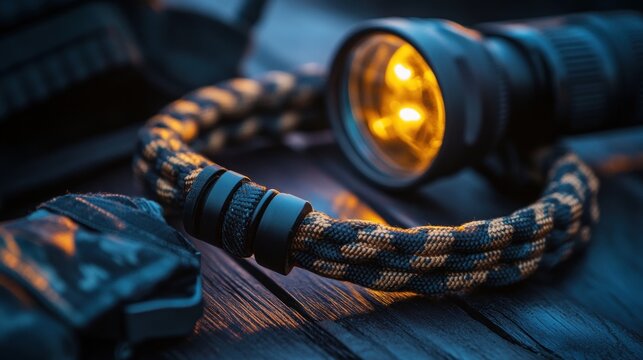 Close-up of tactical flashlight and braided cord on wooden surface at night.