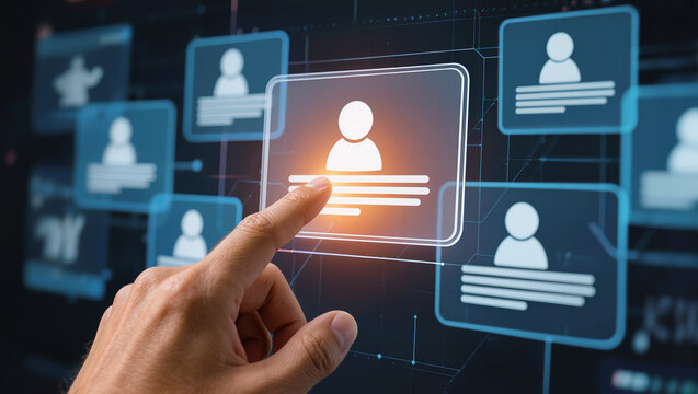 Hand Touching Glowing Digital Profile Card in Virtual Network Interface, HR Technology and Employee Database Concept, Digital Recruitment and People Management System