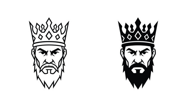 Stylized regal king head illustration featuring a majestic crown and a distinguished beard in a monochrome vector design perfect for royal themed branding or historical projects