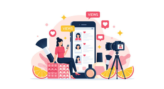 Beauty influencer creating social media content with makeup products, a smartphone, and a camera on a tripod.