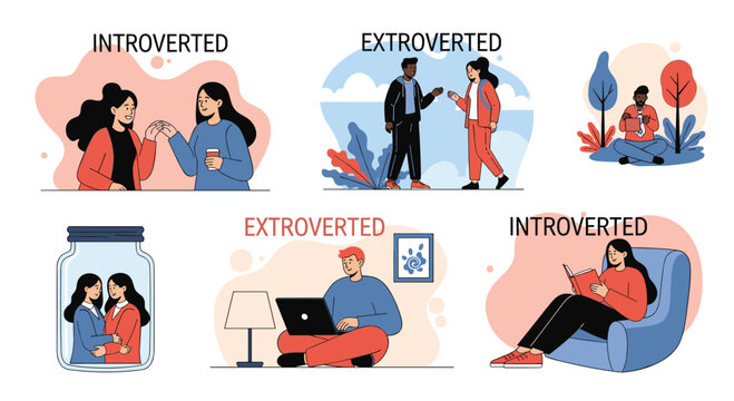 Set of illustrations depicting the differences between introverted and extroverted personality traits and behaviors.