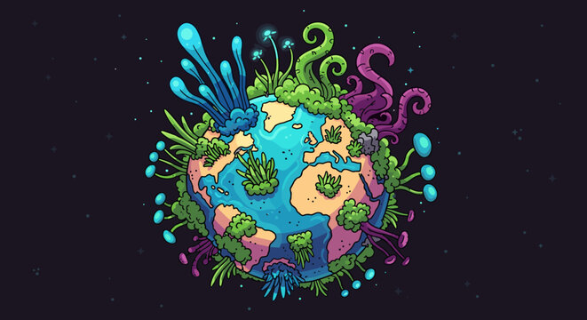 A whimsical, cartoon-style illustration of Earth teeming with vibrant, fantastical alien plants and glowing fungi in space.