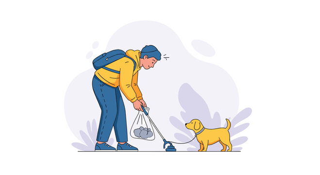 Responsible pet owner picking up his dog's waste with a plastic bag while walking in a park to keep it clean.