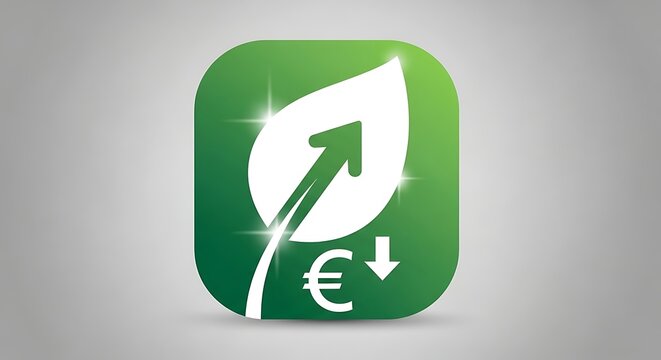 Green leaf euro symbol decrease icon.
